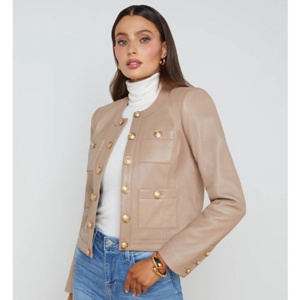 NWT L'AGENCE Jayde Lamb Leather Collarless Jacket Cappuccino Large 12 $1450msrp